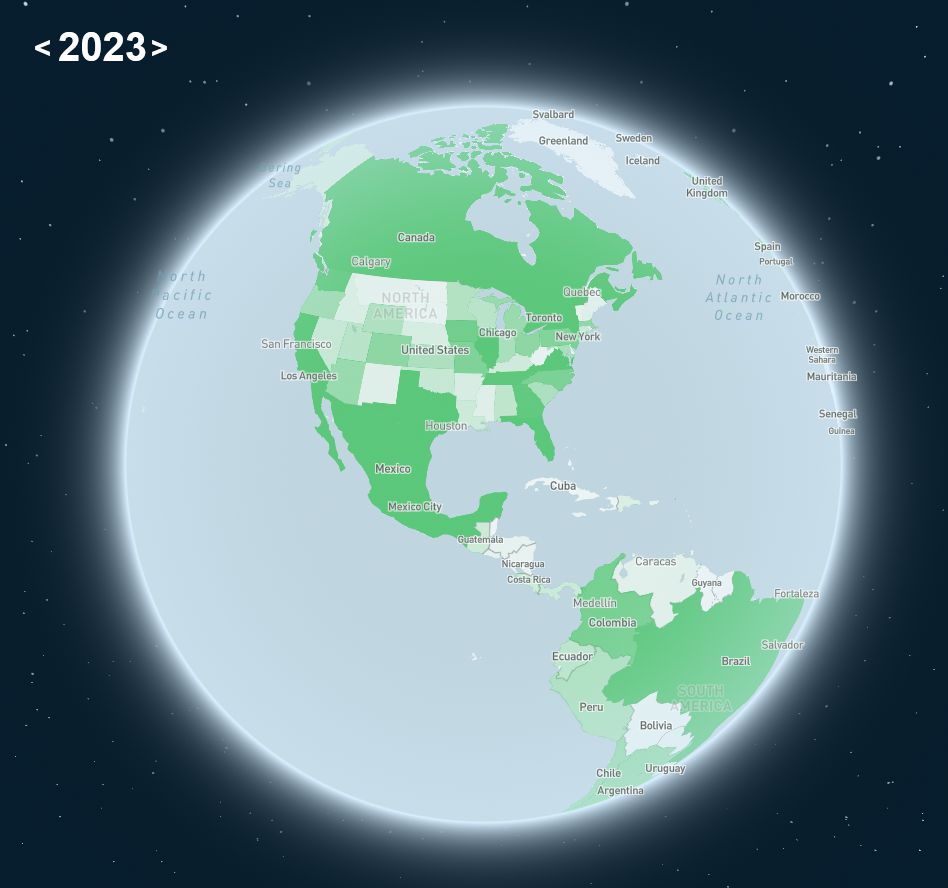 Data visualized on the Globe by choropleth map with time player